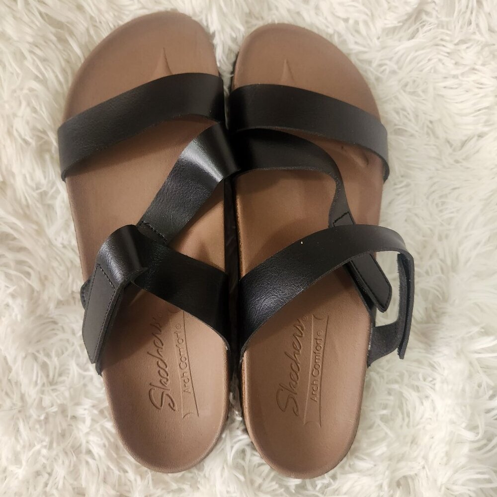 Skechers Arch Step Womens Black Sandals Size 9 With Memory Foam & Cork Sole
